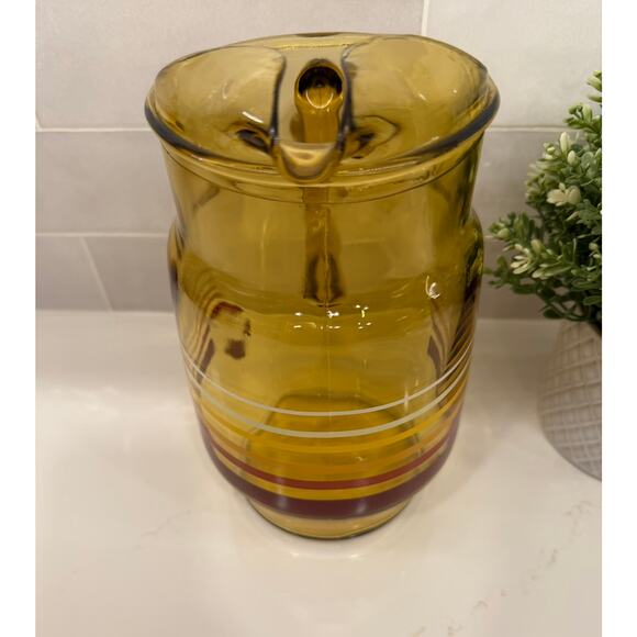 VTG MCM Anchor Hocking Amber Pitcher w Stripes - Picture 3 of 9